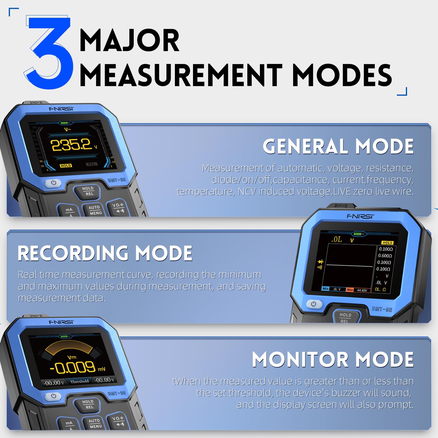 Fnirsi DMT-99 Handheld Digital Multimeter 10000 Counts Voltage Current Resistance Capacitance Frequency Temperature NCV